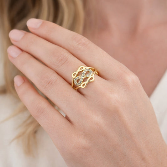 Oro Laminado Multi Stone Ring, Gold Filled Style Infinite Design, with White Cubic Zirconia, Polished, Golden Finish