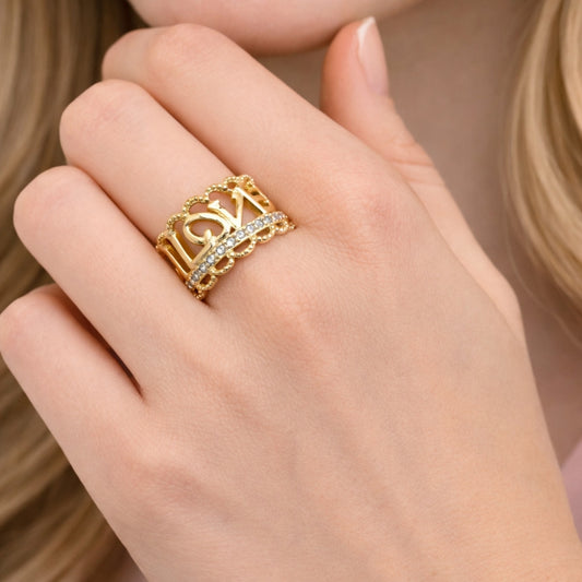 Oro Laminado Multi Stone Ring, Gold Filled Style Love Design, with White Cubic Zirconia, Polished, Golden Finish