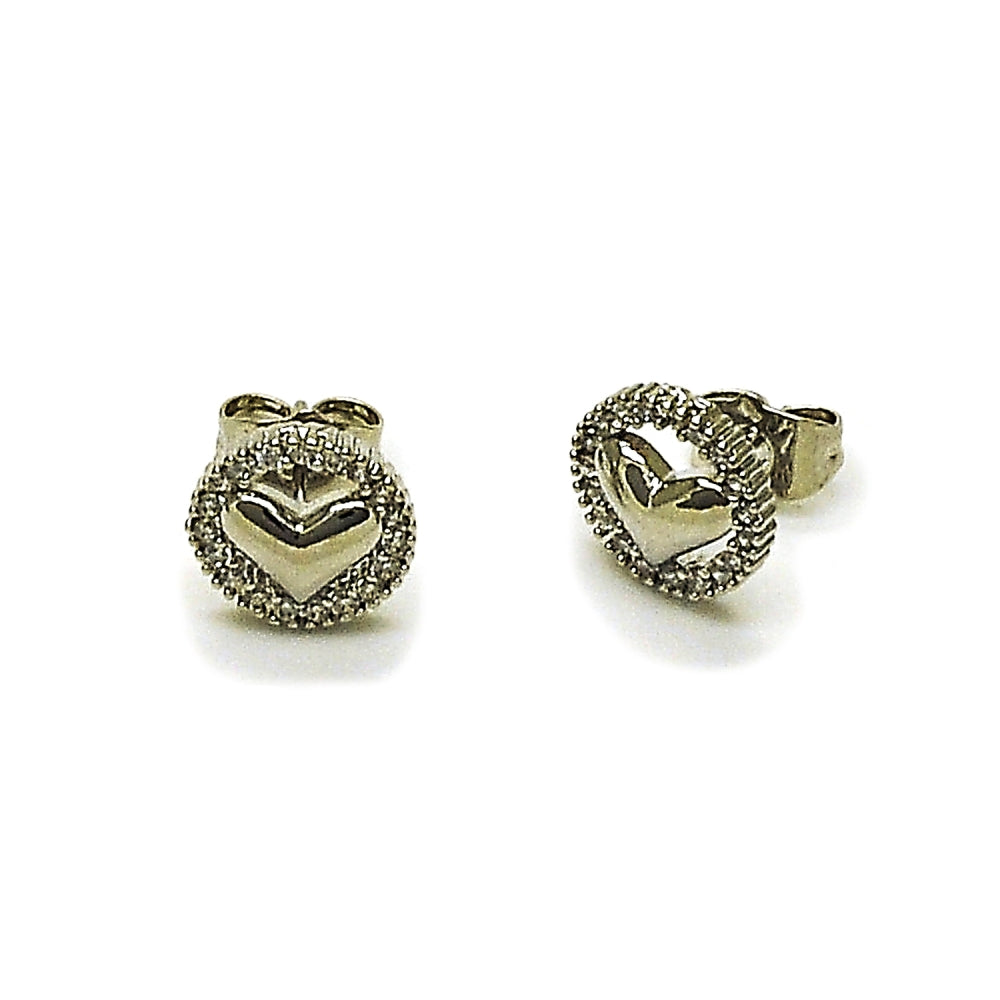 Rhodium Gold Filled Stud Earring, Heart Design, with White Cubic Zirconia, Polished, Rhodium Finish