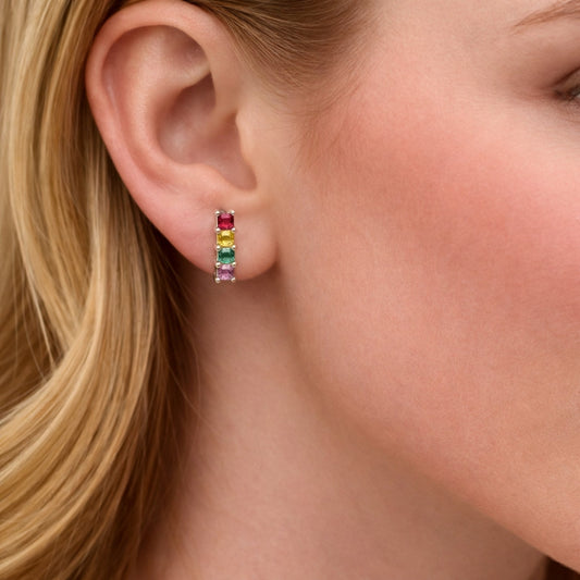 Rhodium Gold Filled Stud Earring, with Multicolor Cubic Zirconia, Polished, Rhodium Finish