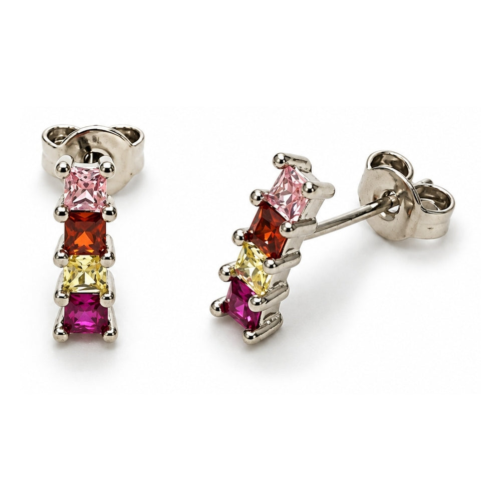 White Gold Filled Stud Earring, with Multicolor Cubic Zirconia, Polished, Rhodium Finish