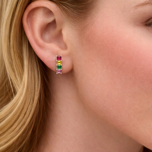Rhodium Gold Filled Stud Earring, with Multicolor Cubic Zirconia, Polished, Rhodium Finish