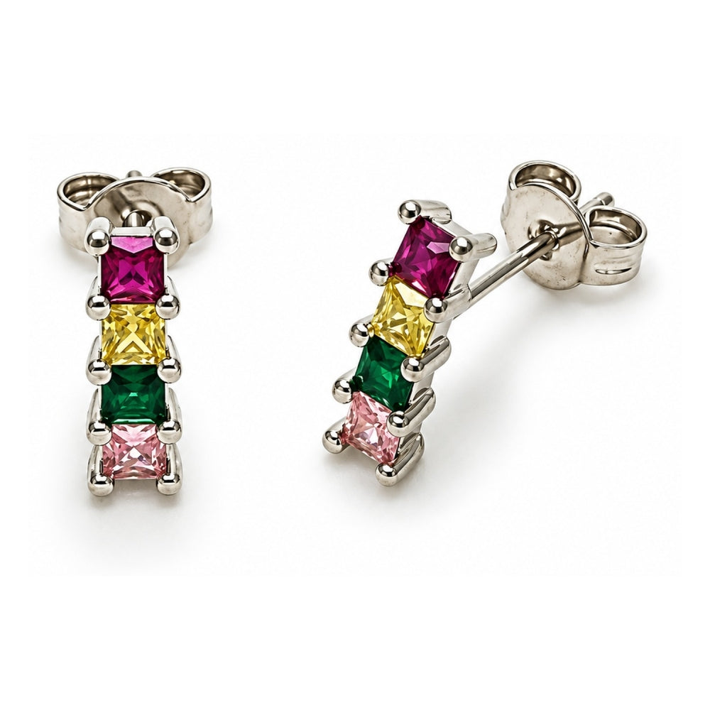 White Gold Filled Stud Earring, with Multicolor Cubic Zirconia, Polished, Rhodium Finish