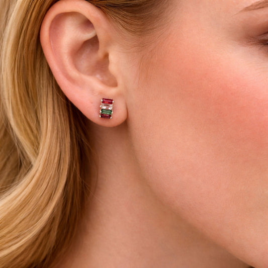 Rhodium Gold Filled Stud Earring, Baguette Design, with Multicolor Cubic Zirconia, Polished, Rhodium Finish