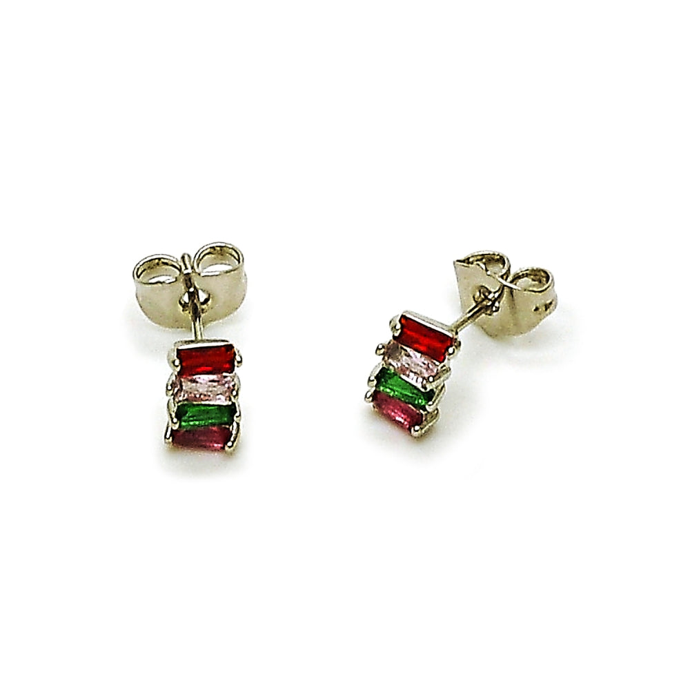 Rhodium Gold Filled Stud Earring, Baguette Design, with Multicolor Cubic Zirconia, Polished, Rhodium Finish