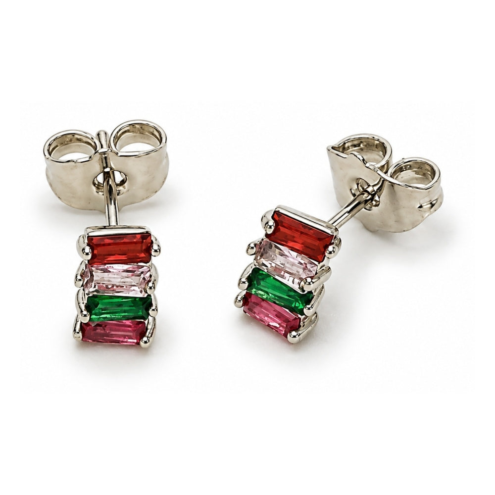 White Gold Filled Stud Earring, Baguette Design, with Multicolor Cubic Zirconia, Polished, Rhodium Finish