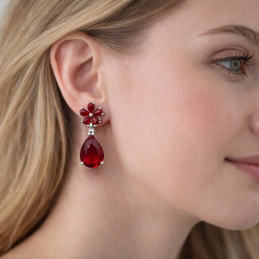 Rhodium Gold Filled Stud Earring, Flower and Teardrop Design, with Garnet Cubic Zirconia, Polished, Rhodium Finish