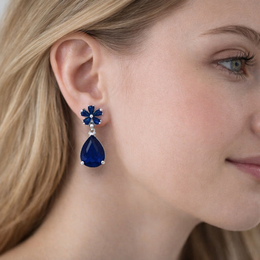 Rhodium Gold Filled Stud Earring, Flower and Teardrop Design, with Sapphire Blue Cubic Zirconia, Polished, Rhodium Finish