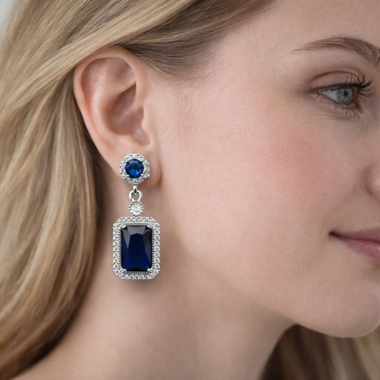 Rhodium Gold Filled Dangle Earring, Cluster Design, with Sapphire Blue and White Cubic Zirconia, Polished, Rhodium Finish