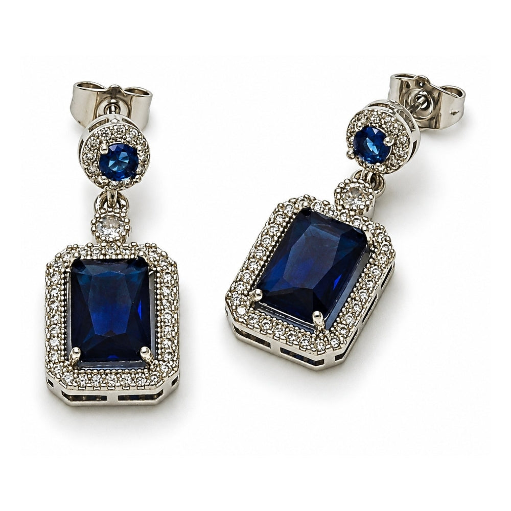 White Gold Filled Dangle Earring, Cluster Design, with Sapphire Blue and White Cubic Zirconia, Polished, Rhodium Finish