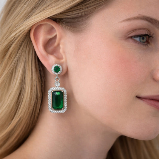 Rhodium Gold Filled Dangle Earring, Cluster Design, with Green and White Cubic Zirconia, Polished, Rhodium Finish