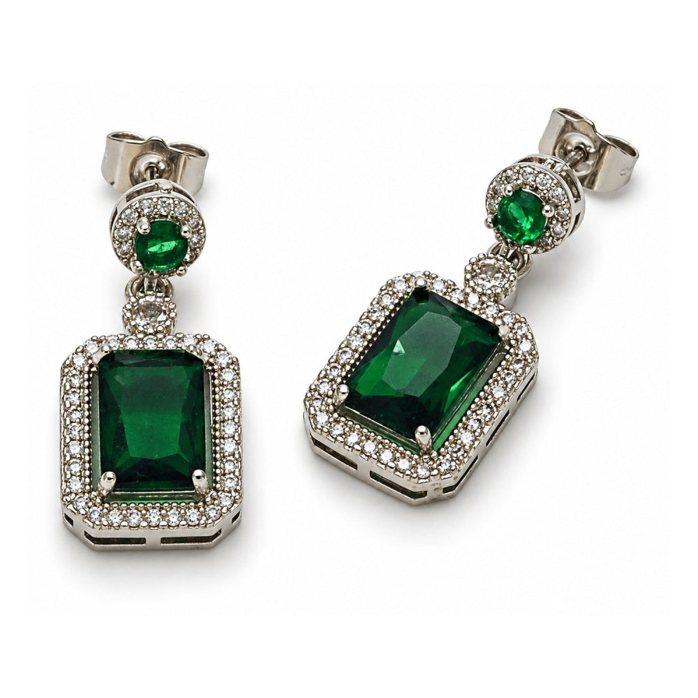 White Gold Filled Dangle Earring, Cluster Design, with Green and White Cubic Zirconia, Polished, Rhodium Finish