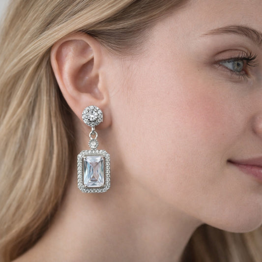 Rhodium Gold Filled Dangle Earring, Cluster Design, with White Cubic Zirconia, Polished, Rhodium Finish