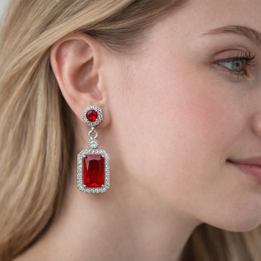 Rhodium Gold Filled Dangle Earring, Cluster Design, with Garnet and White Cubic Zirconia, Polished, Rhodium Finish