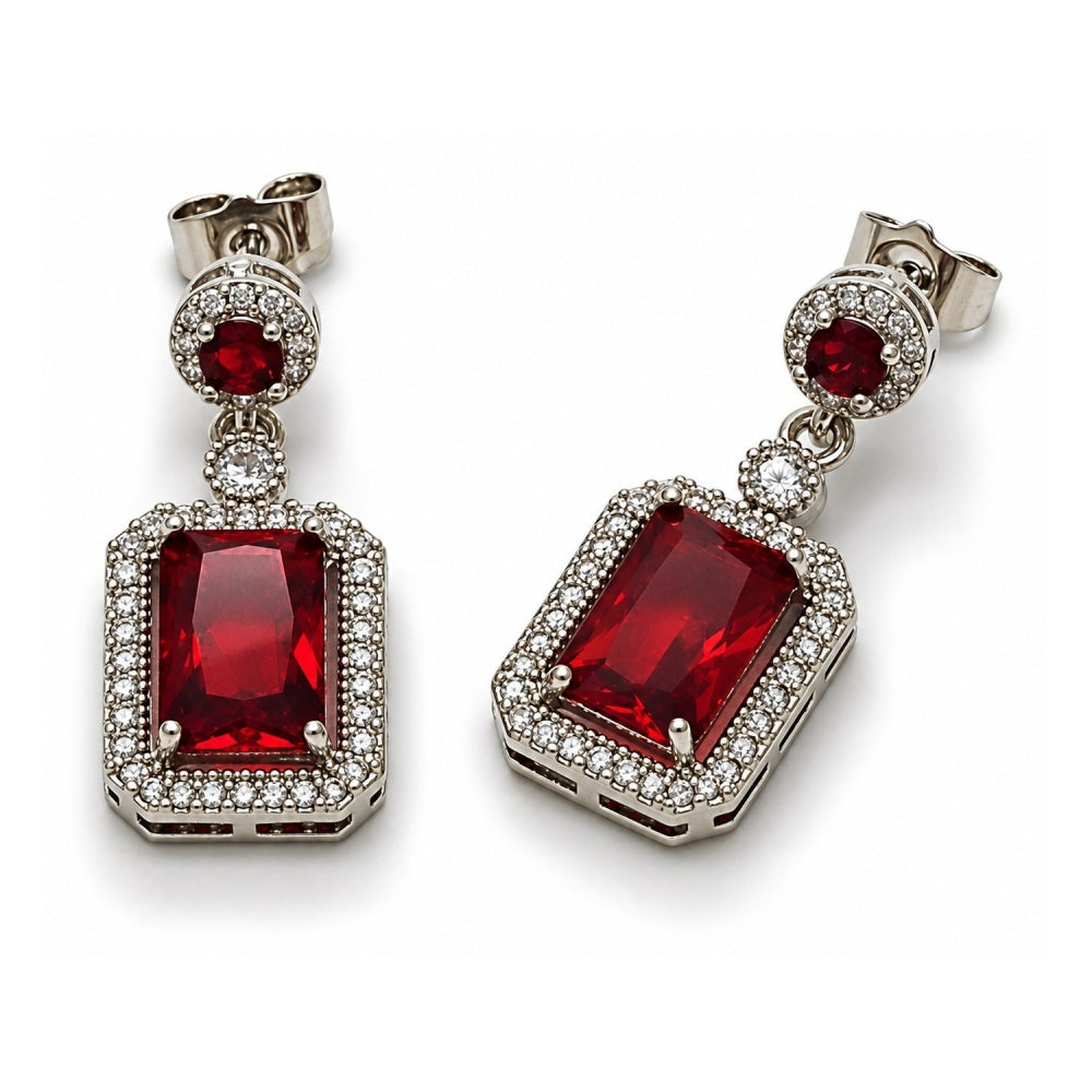 White Gold Filled Dangle Earring, Cluster Design, with Garnet and White Cubic Zirconia, Polished, Rhodium Finish