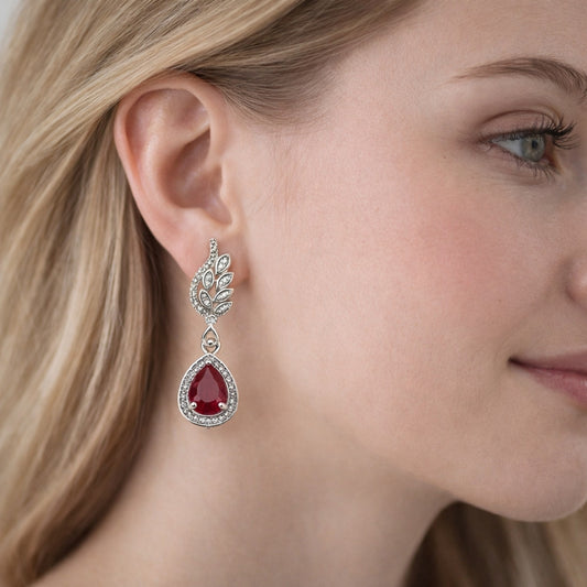 Rhodium Gold Filled Dangle Earring, Teardrop and Wings Design, with Garnet Cubic Zirconia and White Micro Pave, Polished, Rhodium Finish