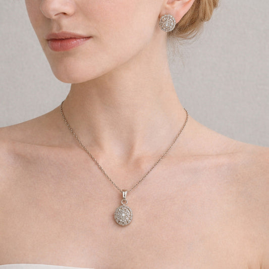 Rhodium Gold Filled Earring and Pendant Adult Set, with White Cubic Zirconia, Polished, Rhodium Finish