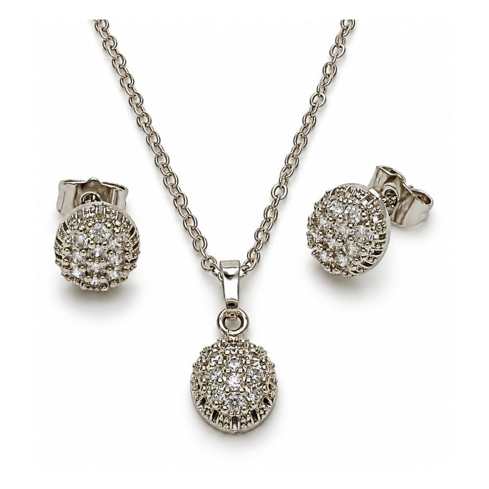 White Gold Filled Earring and Pendant Adult Set, with White Cubic Zirconia, Polished, Rhodium Finish