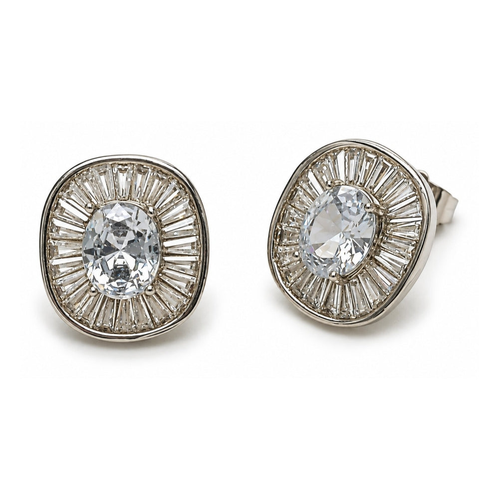 White Gold Filled Stud Earring, Cluster and Baguette Design, with White Cubic Zirconia, Polished, Rhodium Finish