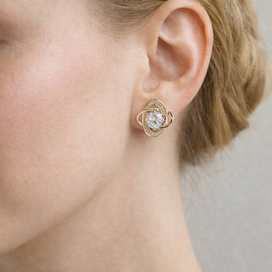 Rhodium Gold Filled Stud Earring, Love Knot and Baguette Design, with White Cubic Zirconia, Polished, Rhodium Finish