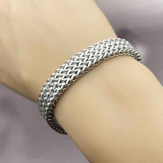Stainless Steel Fancy Bracelet, Square Franco Design, Polished, Steel Finish