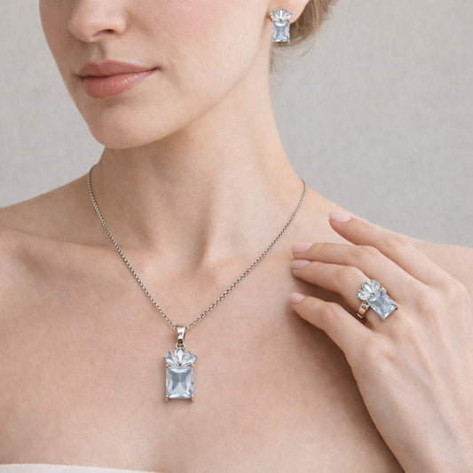 Rhodium Gold Filled Necklace, Earring and Ring, Pineapple Design, with White Cubic Zirconia, Polished, Rhodium Finish