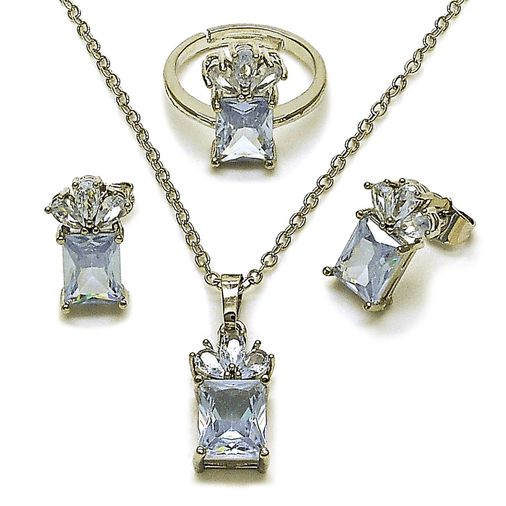 Rhodium Gold Filled Necklace, Earring and Ring, Pineapple Design, with White Cubic Zirconia, Polished, Rhodium Finish