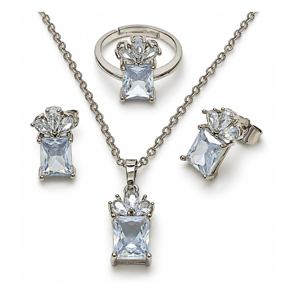 White Gold Filled Necklace, Earring and Ring, Pineapple Design, with White Cubic Zirconia, Polished, Rhodium Finish