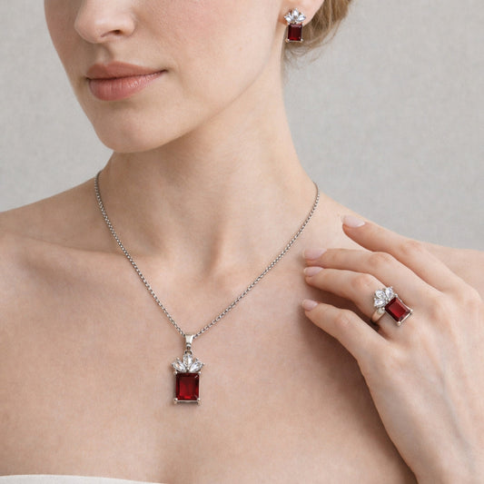 Rhodium Gold Filled Necklace, Earring and Ring, Pineapple Design, with Garnet and White Cubic Zirconia, Polished, Rhodium Finish