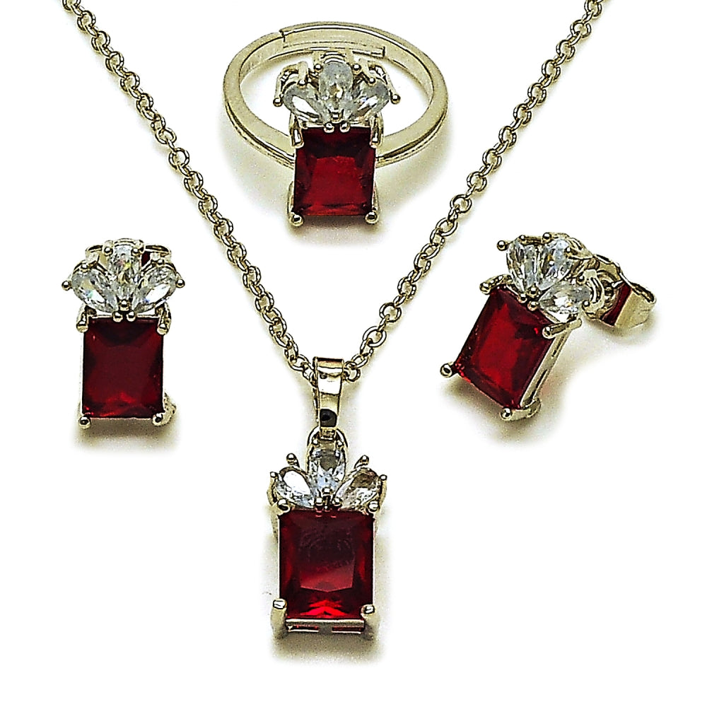 Rhodium Gold Filled Necklace, Earring and Ring, Pineapple Design, with Garnet and White Cubic Zirconia, Polished, Rhodium Finish