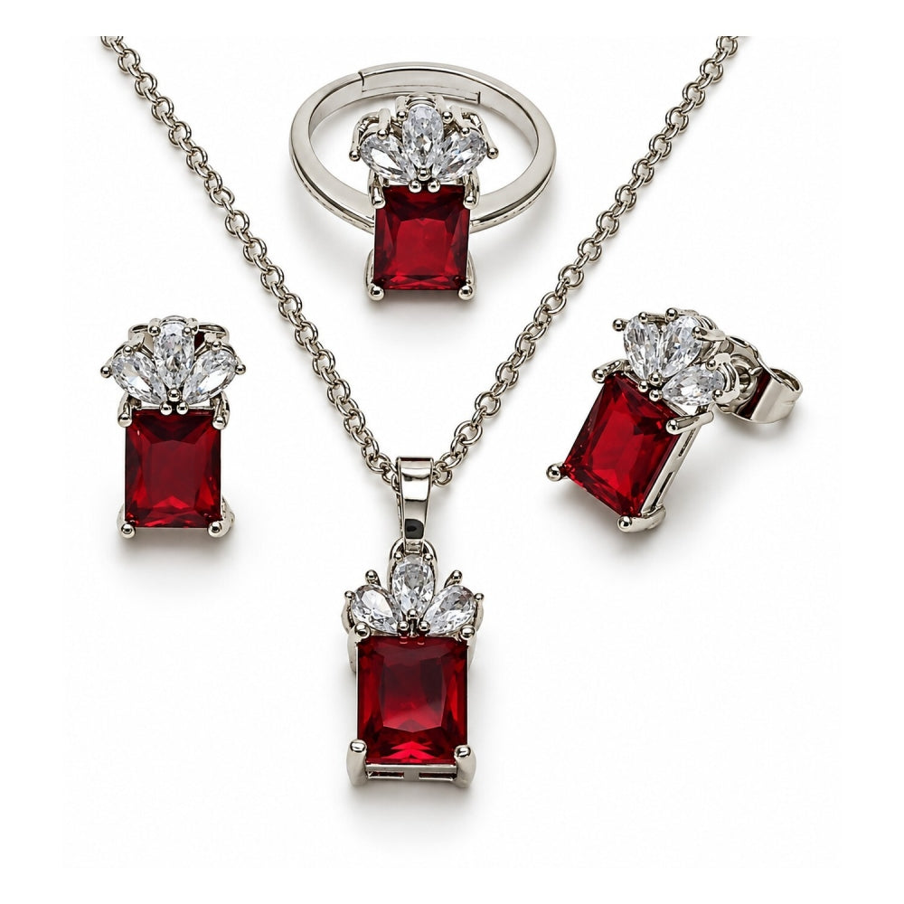 White Gold Filled Necklace, Earring and Ring, Pineapple Design, with Garnet and White Cubic Zirconia, Polished, Rhodium Finish