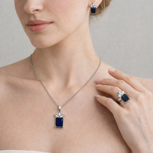 Rhodium Gold Filled Necklace, Earring and Ring, Pineapple Design, with Sapphire Blue and White Cubic Zirconia, Polished, Rhodium Finish
