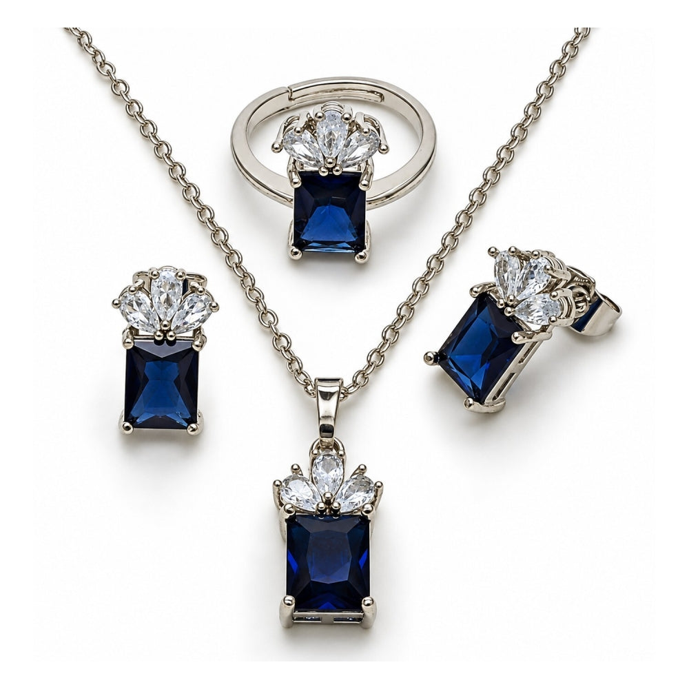 White Gold Filled Necklace, Earring and Ring, Pineapple Design, with Sapphire Blue and White Cubic Zirconia, Polished, Rhodium Finish