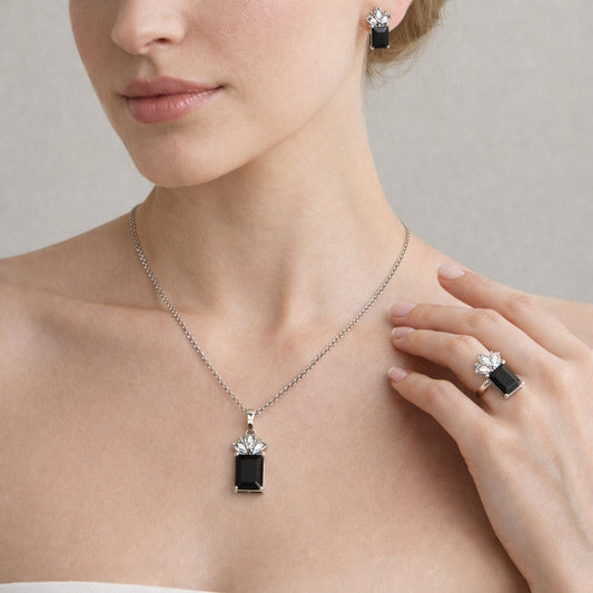 Rhodium Gold Filled Necklace, Earring and Ring, Pineapple Design, with Black and White Cubic Zirconia, Polished, Rhodium Finish
