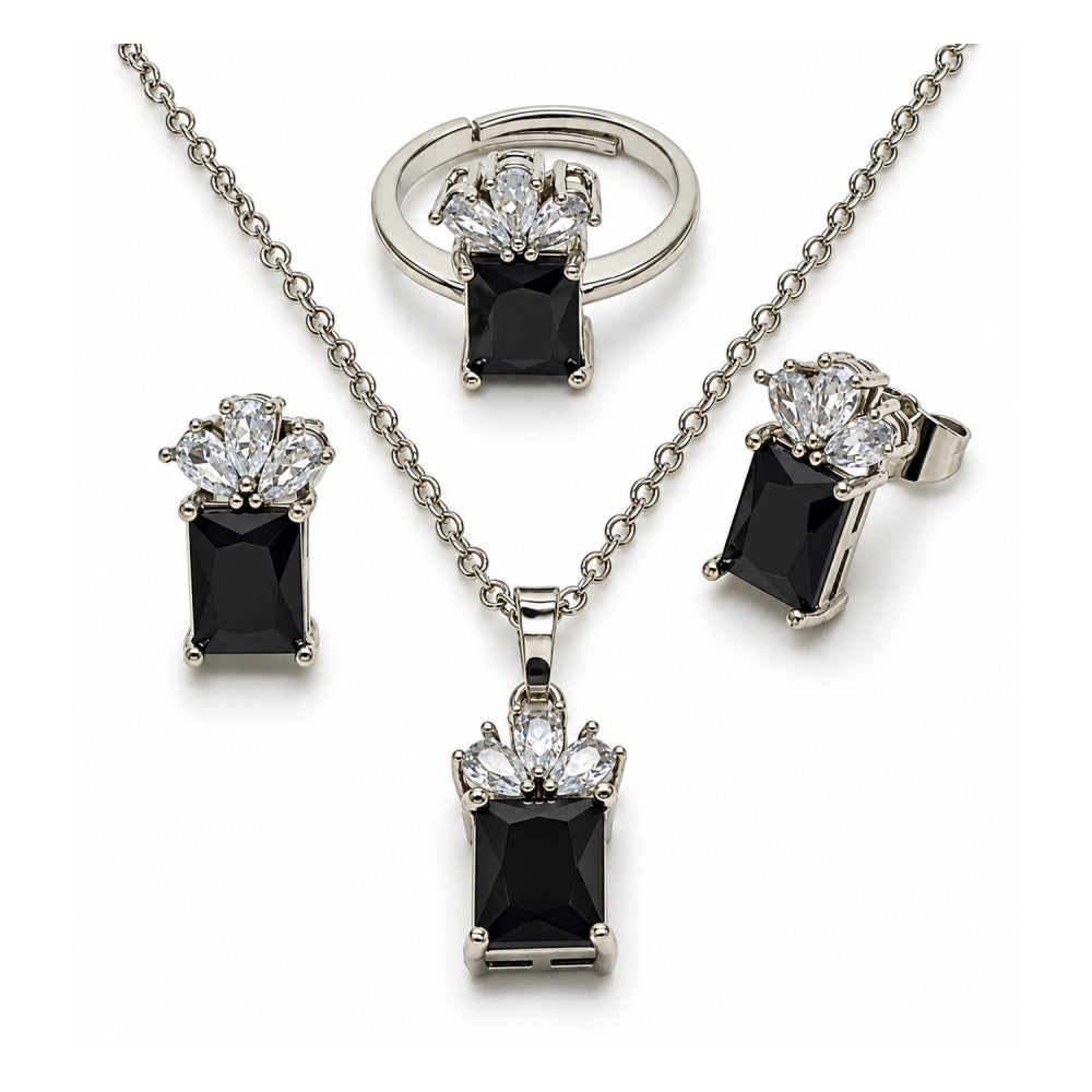 White Gold Filled Necklace, Earring and Ring, Pineapple Design, with Black and White Cubic Zirconia, Polished, Rhodium Finish