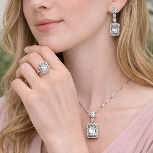 Rhodium Gold Filled Necklace, Earring and Ring, Cluster Design, with White Cubic Zirconia and White Micro Pave, Polished, Rhodium Finish