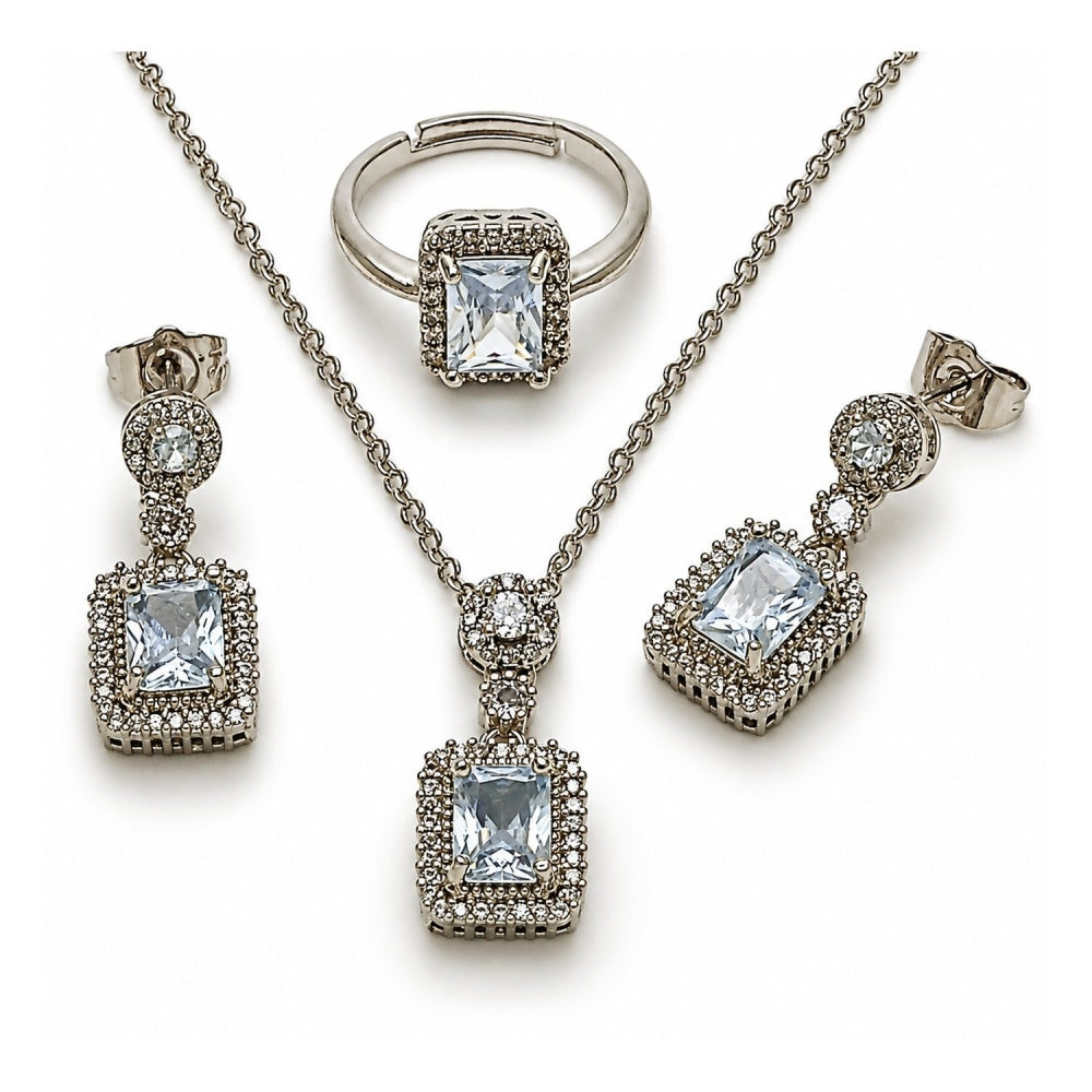 White Gold Filled Necklace, Earring and Ring, Cluster Design, with White Cubic Zirconia and White Micro Pave, Polished, Rhodium Finish