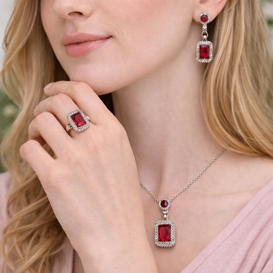 Rhodium Gold Filled Necklace, Earring and Ring, Cluster Design, with Garnet Cubic Zirconia and White Micro Pave, Polished, Rhodium Finish
