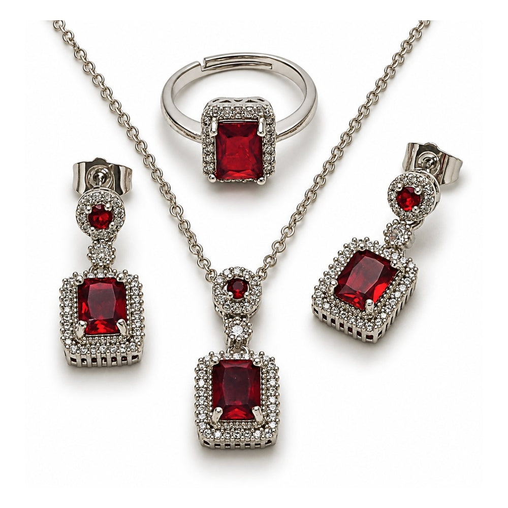 White Gold Filled Necklace, Earring and Ring, Cluster Design, with Garnet Cubic Zirconia and White Micro Pave, Polished, Rhodium Finish