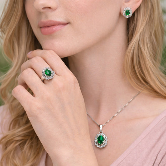 Rhodium Gold Filled Necklace, Earring and Ring, Cluster Design, with Green and White Cubic Zirconia, Polished, Rhodium Finish