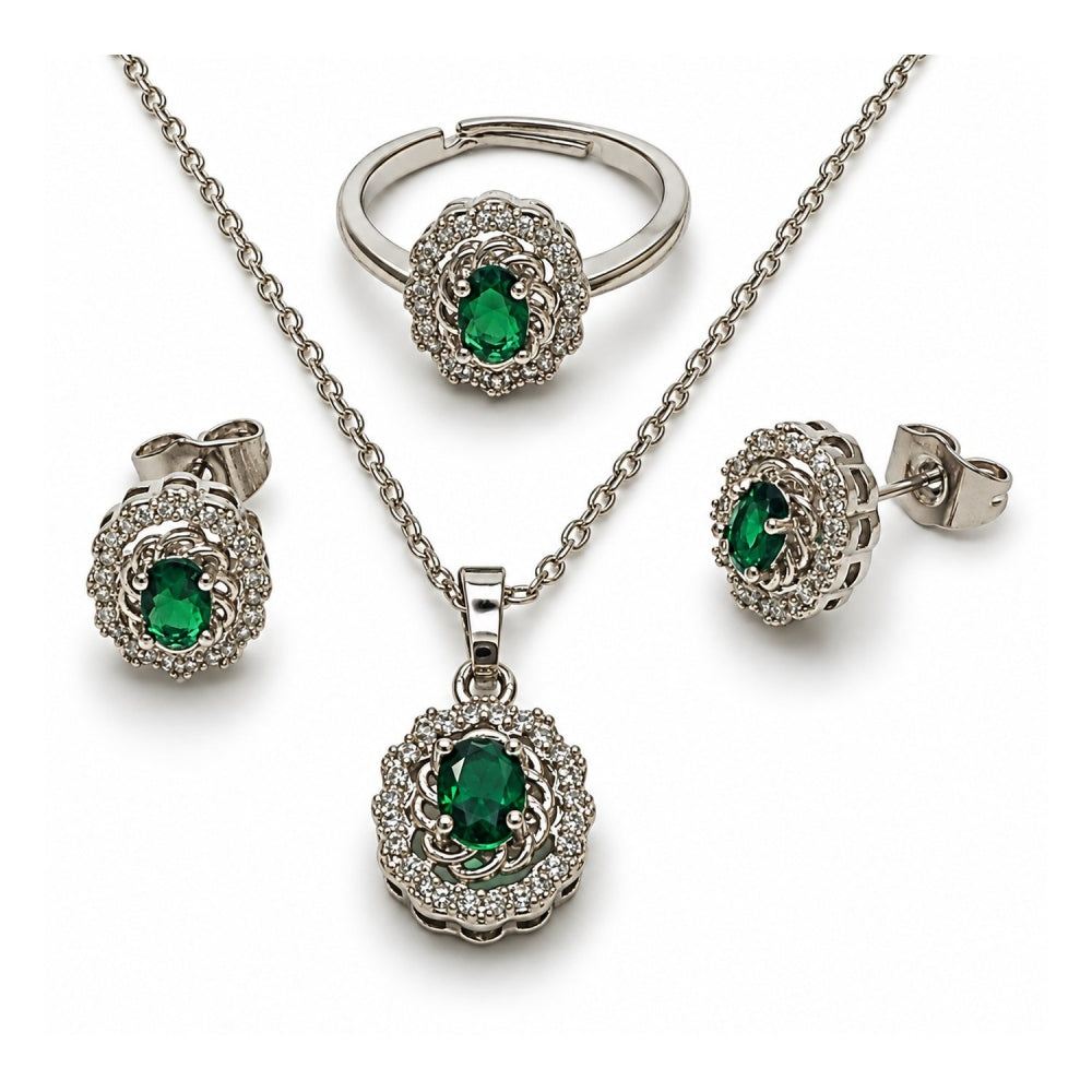 White Gold Filled Necklace, Earring and Ring, Cluster Design, with Green and White Cubic Zirconia, Polished, Rhodium Finish