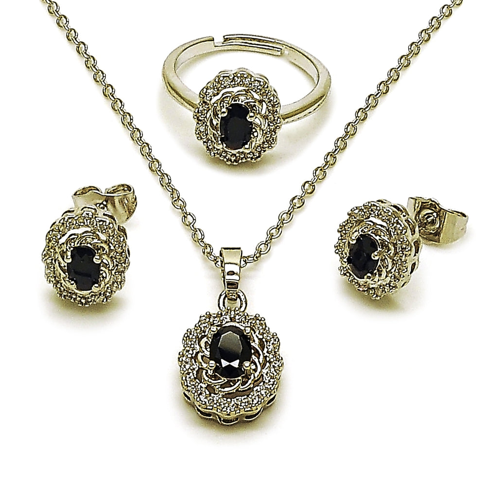 Rhodium Gold Filled Necklace, Earring and Ring, Cluster Design, with Black and White Cubic Zirconia, Polished, Rhodium Finish