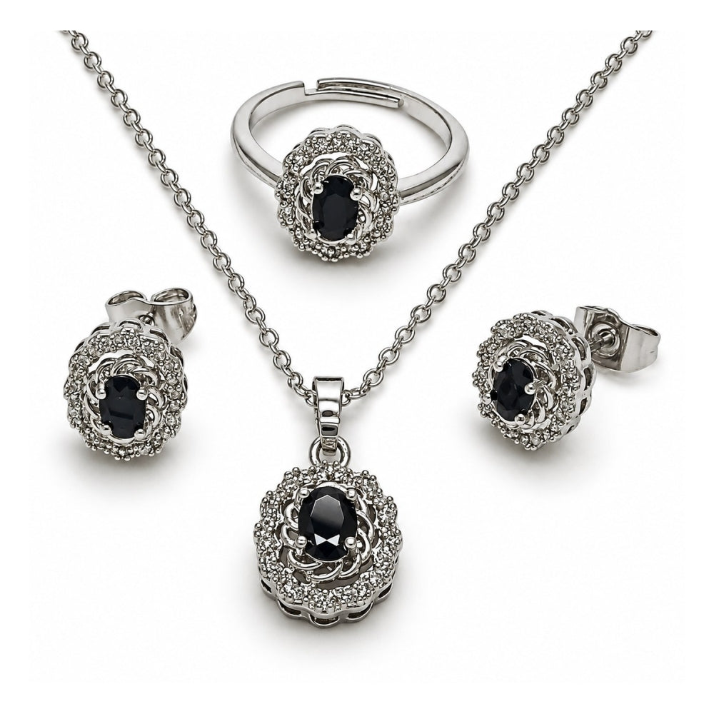 White Gold Filled Necklace, Earring and Ring, Cluster Design, with Black and White Cubic Zirconia, Polished, Rhodium Finish
