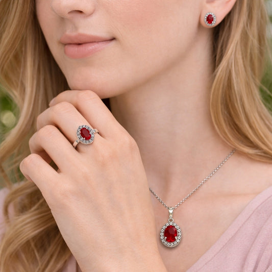 Rhodium Gold Filled Necklace, Earring and Ring, Cluster Design, with Garnet and White Cubic Zirconia, Polished, Rhodium Finish