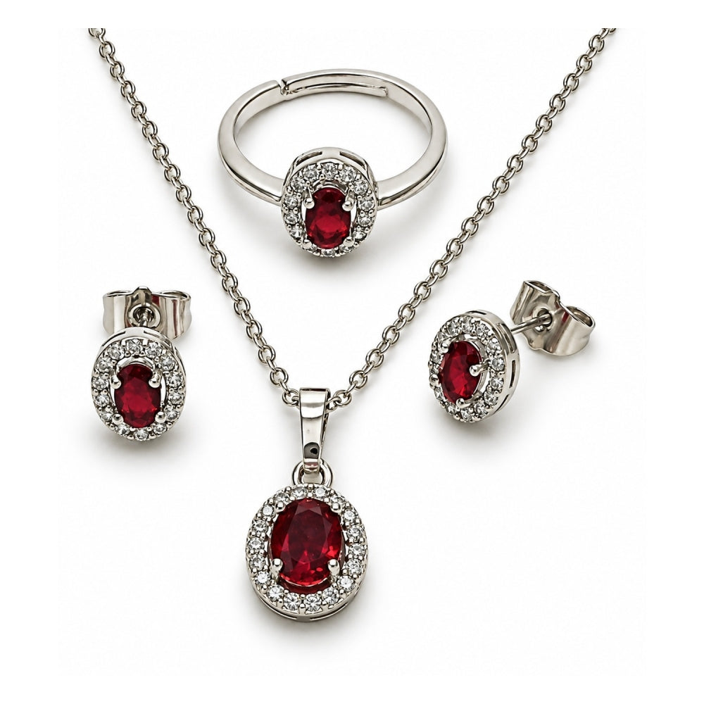 White Gold Filled Necklace, Earring and Ring, Cluster Design, with Garnet and White Cubic Zirconia, Polished, Rhodium Finish
