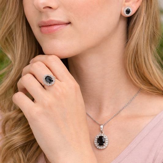 Rhodium Gold Filled Necklace, Earring and Ring, Cluster Design, with Black and White Cubic Zirconia, Polished, Rhodium Finish