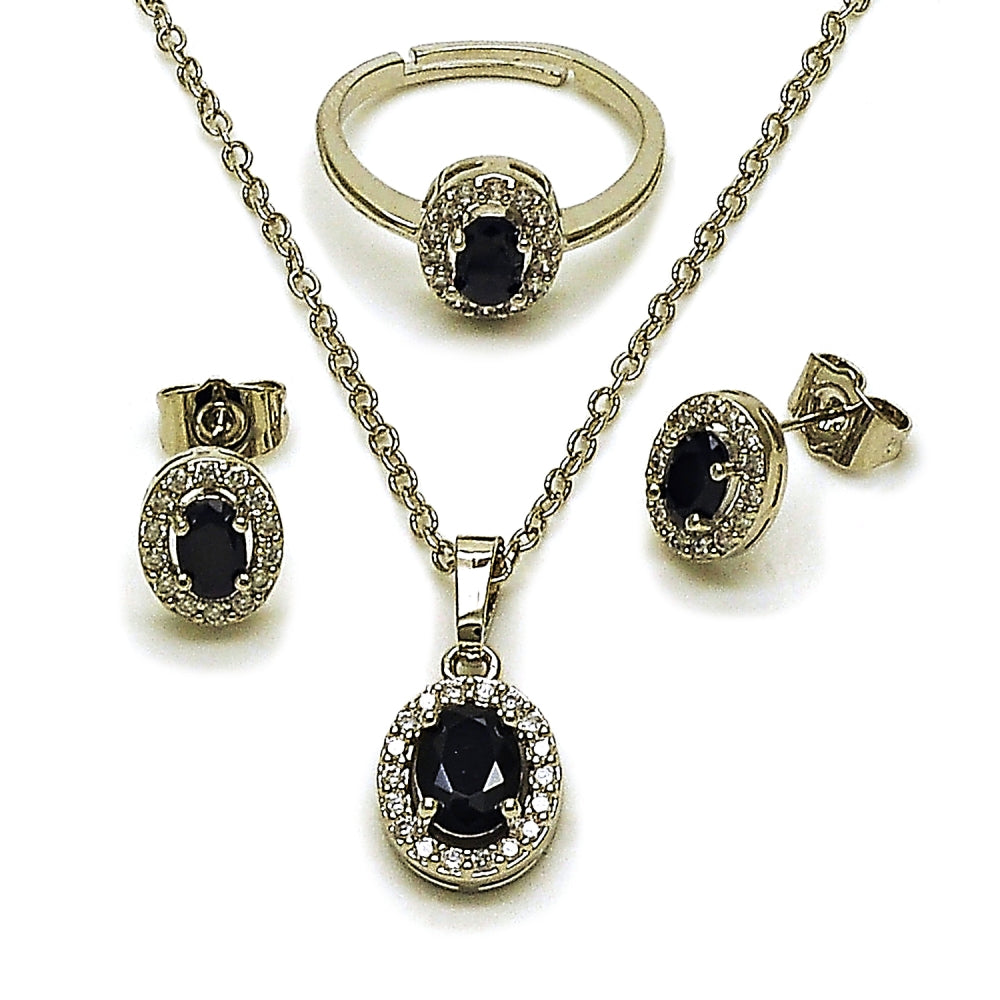 Rhodium Gold Filled Necklace, Earring and Ring, Cluster Design, with Black and White Cubic Zirconia, Polished, Rhodium Finish
