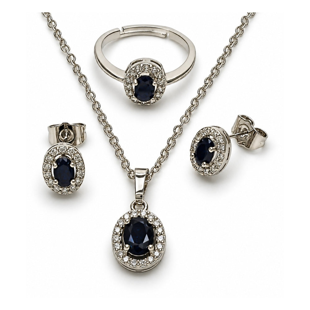 White Gold Filled Necklace, Earring and Ring, Cluster Design, with Black and White Cubic Zirconia, Polished, Rhodium Finish