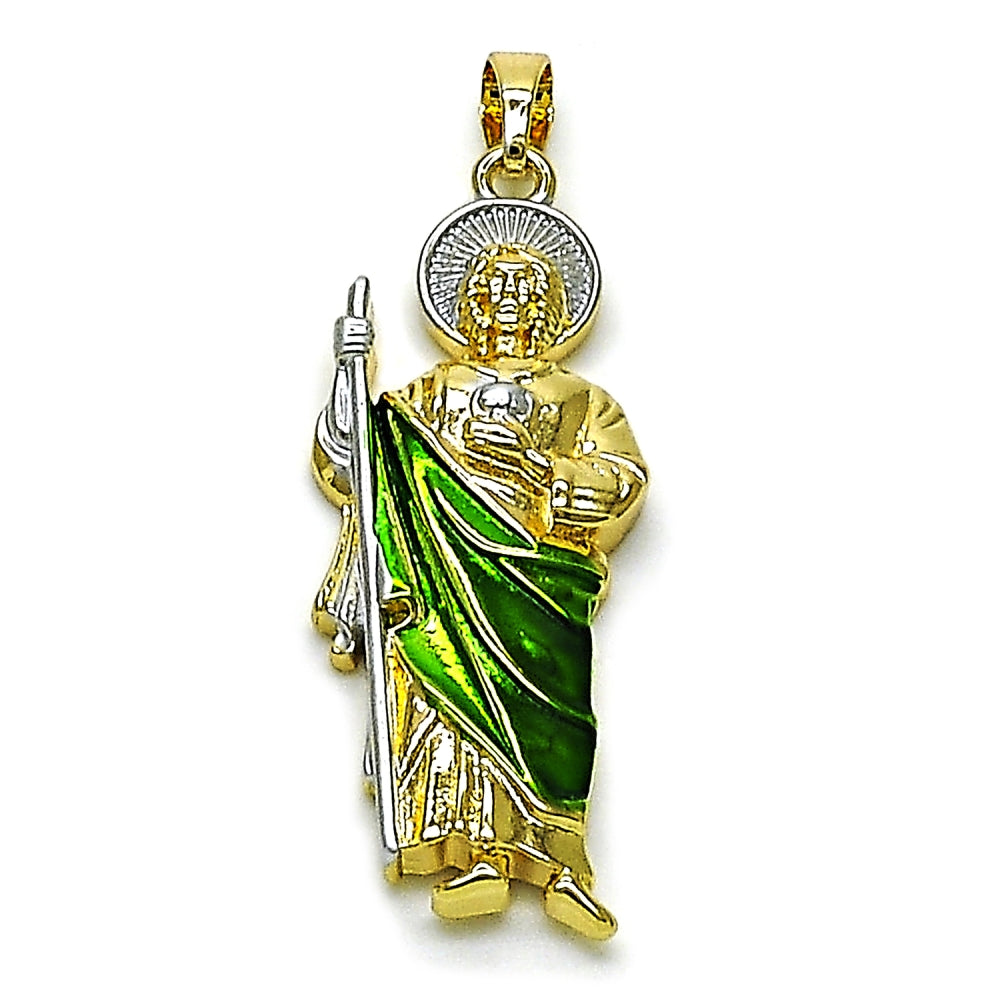 Oro Laminado Religious Pendant, Gold Filled Style San Judas Design, Polished, Tricolor