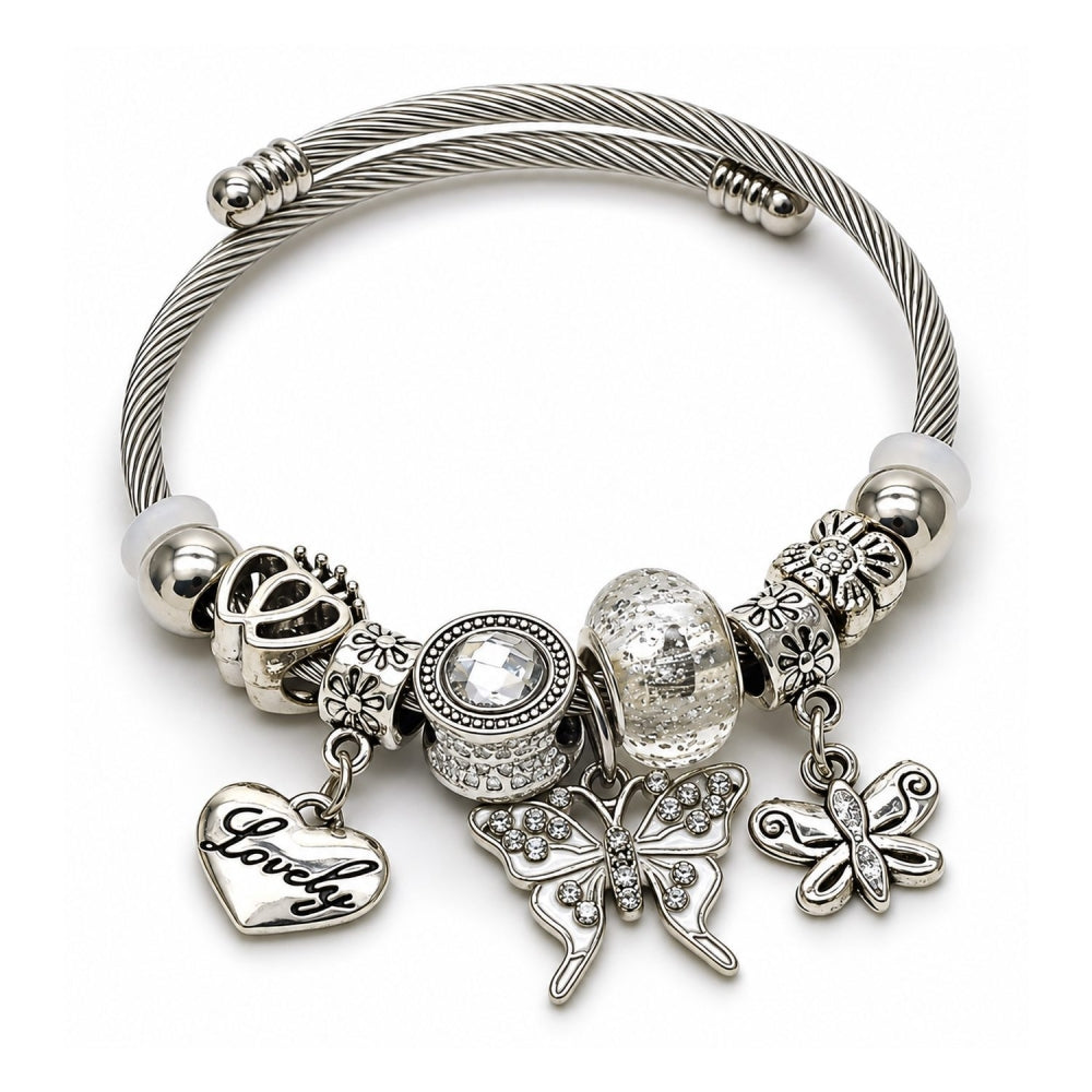 Stainless Steel Individual Bangle, Butterfly and Heart Design, with White Crystal, White Enamel Finish, Steel Finish